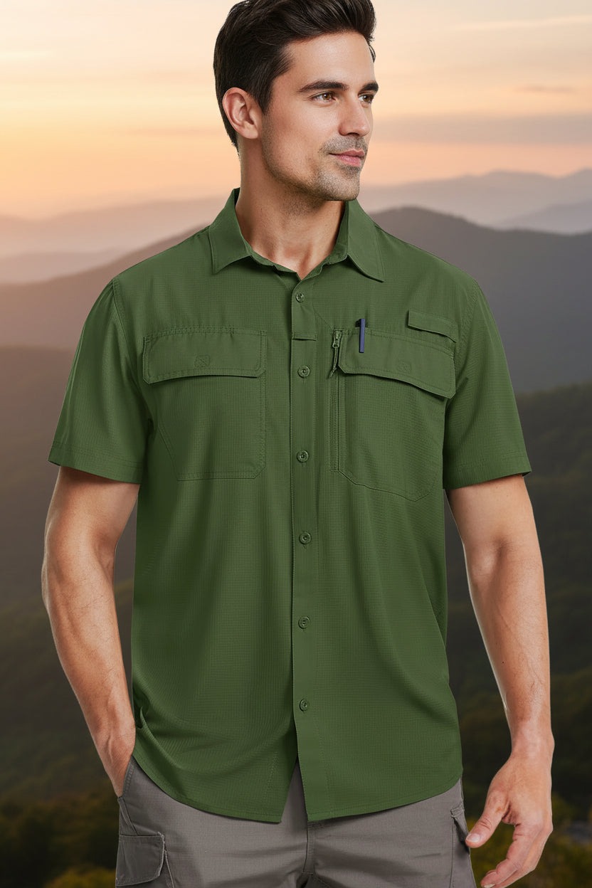Green short-sleeve shirt worn by a person on a white background