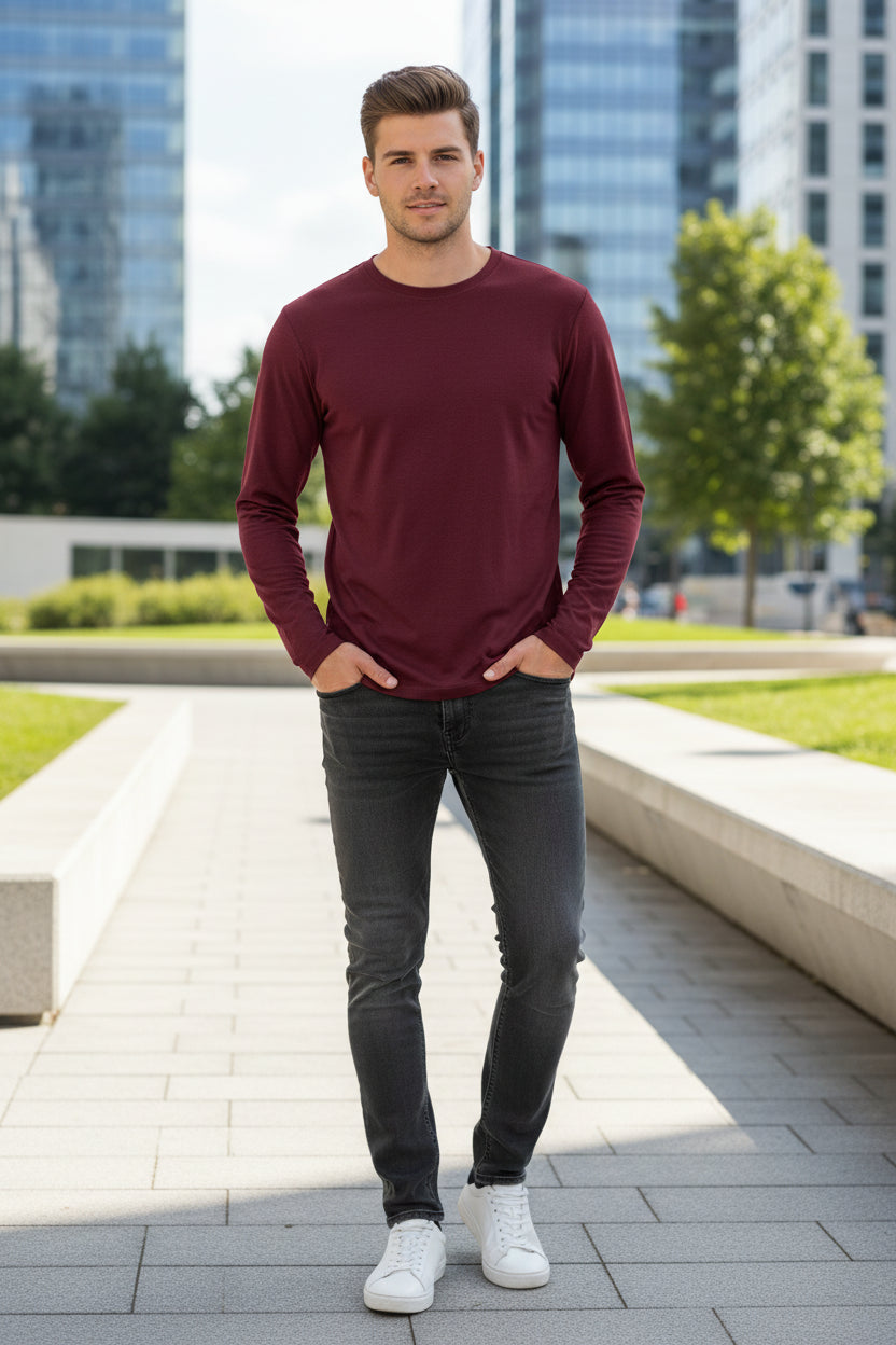 Maroon long-sleeve shirt on a white background
