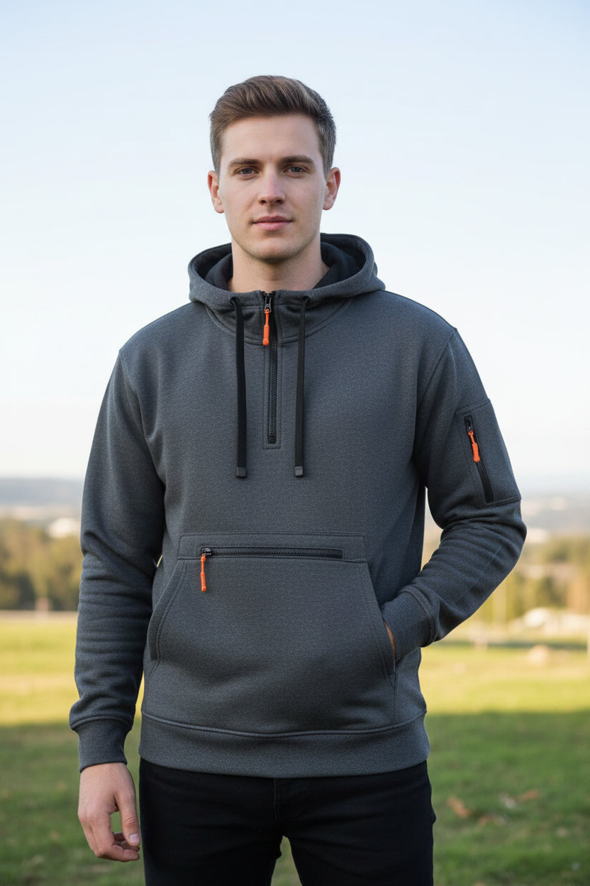 Gray hoodie with black and orange accents on a white background