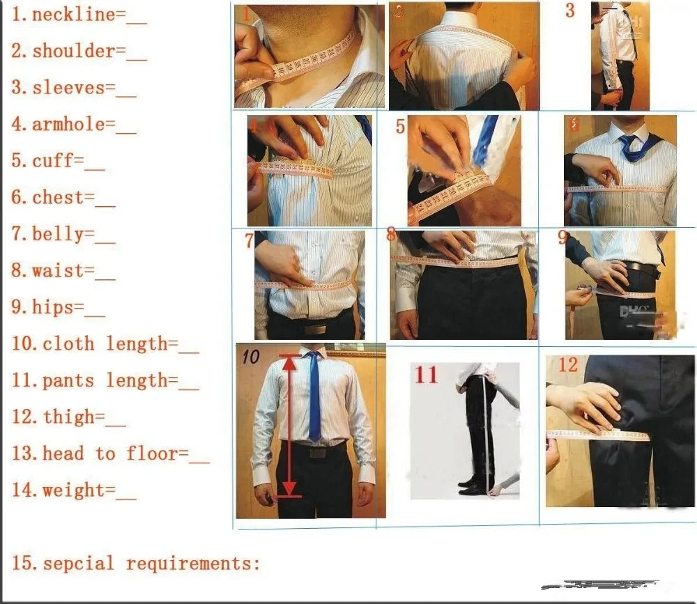 Measurement chart for clothing with various parts of a shirt and pants being measured.