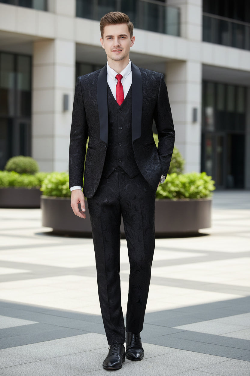 European Men's Blue 3-Piece Suit Set - Jacquard Fabric Jacket & Vest,