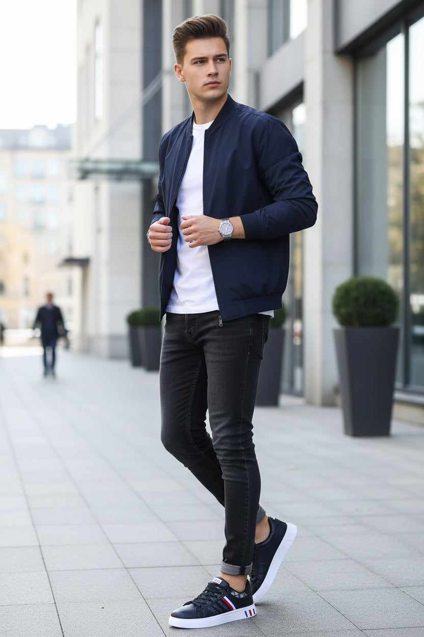 Navy blue sneakers with white soles and red and white stripes on a stone surface.