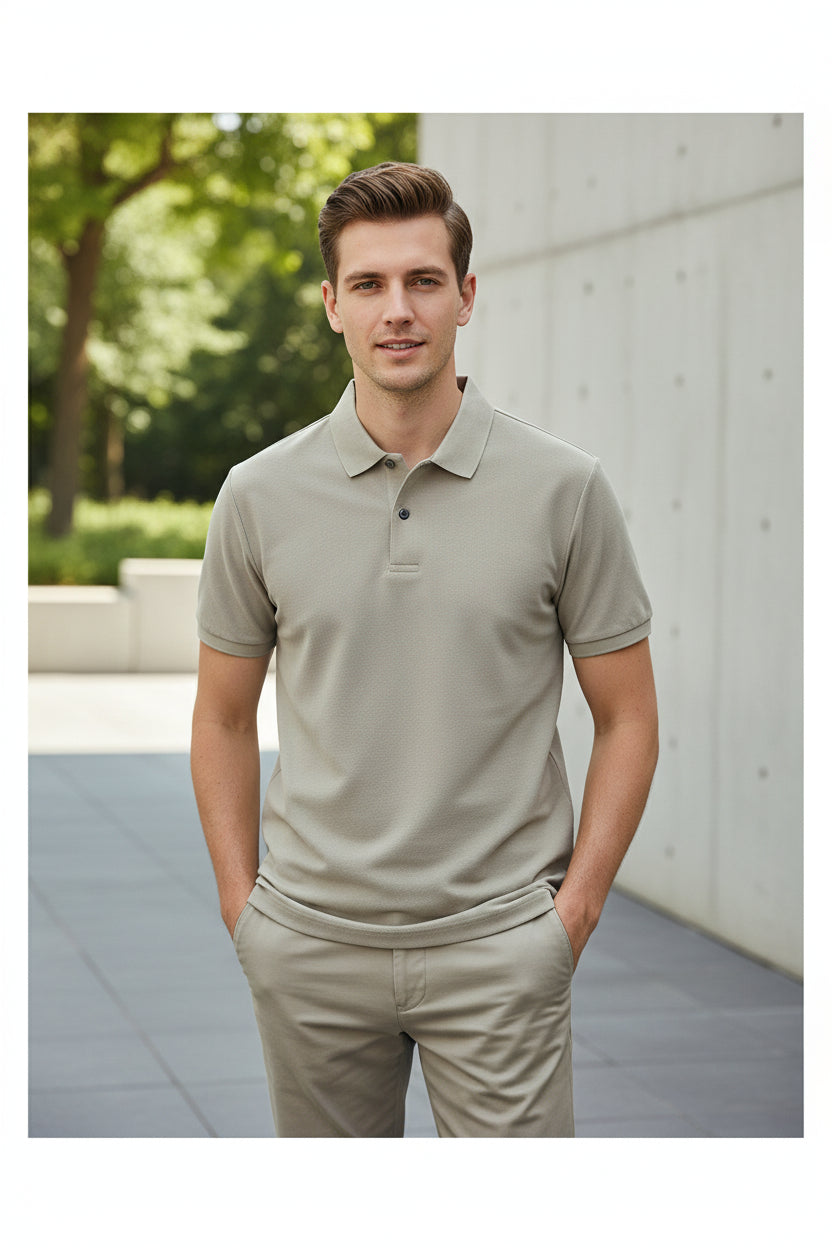 Beige polo shirt being held with other colors in the background