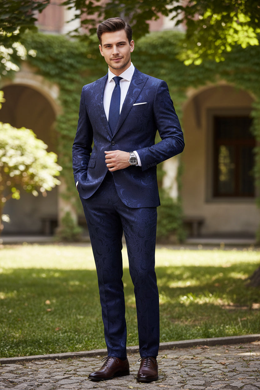 Pair of dark blue patterned pants on a white background