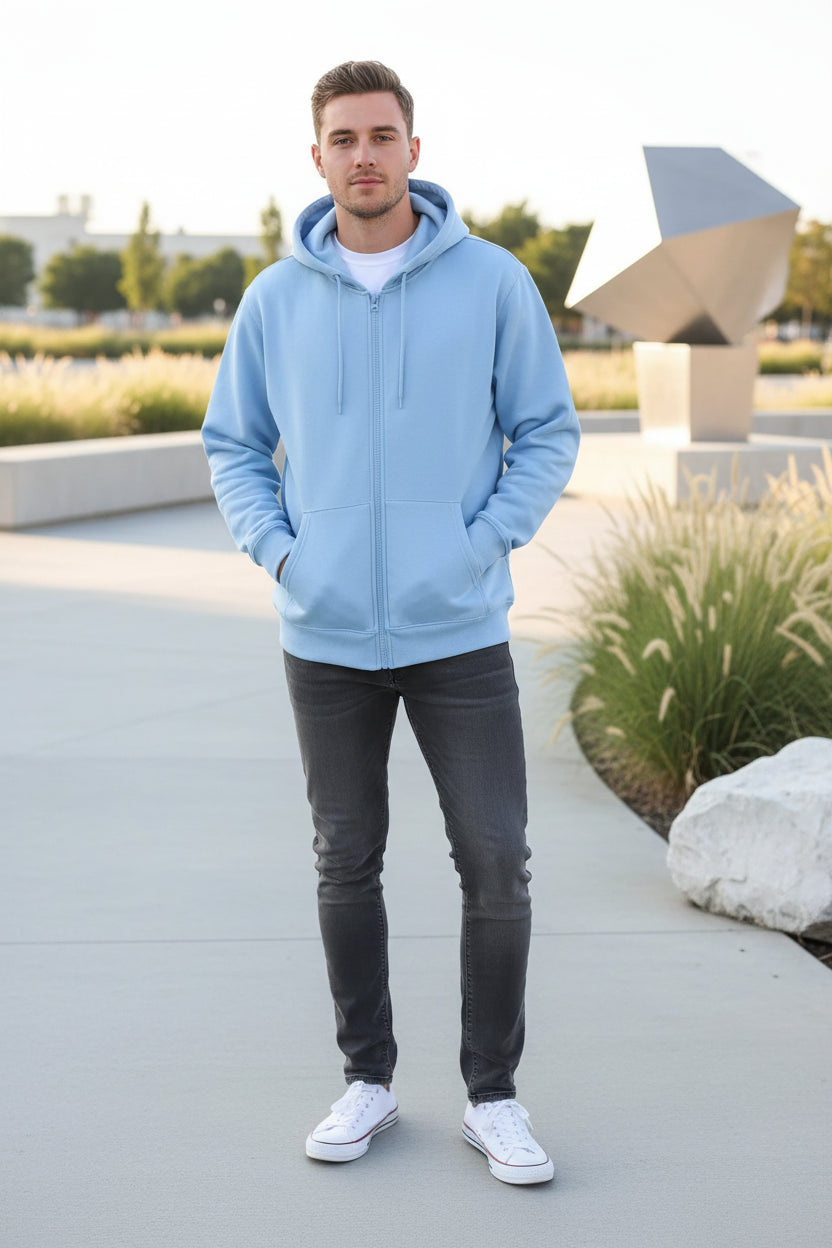 Light blue hoodie with a zipper on a white background
