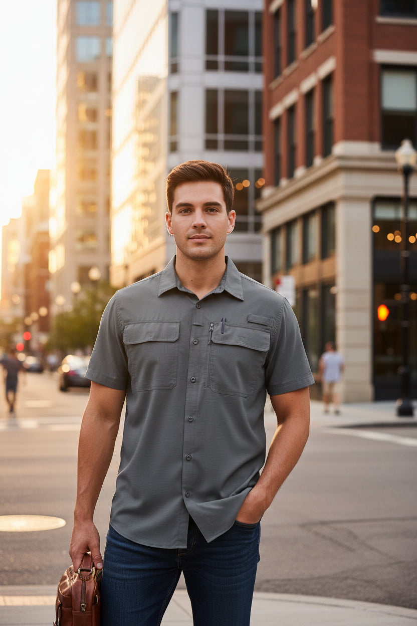 Man wearing a gray short-sleeve shirt with pockets on a white background