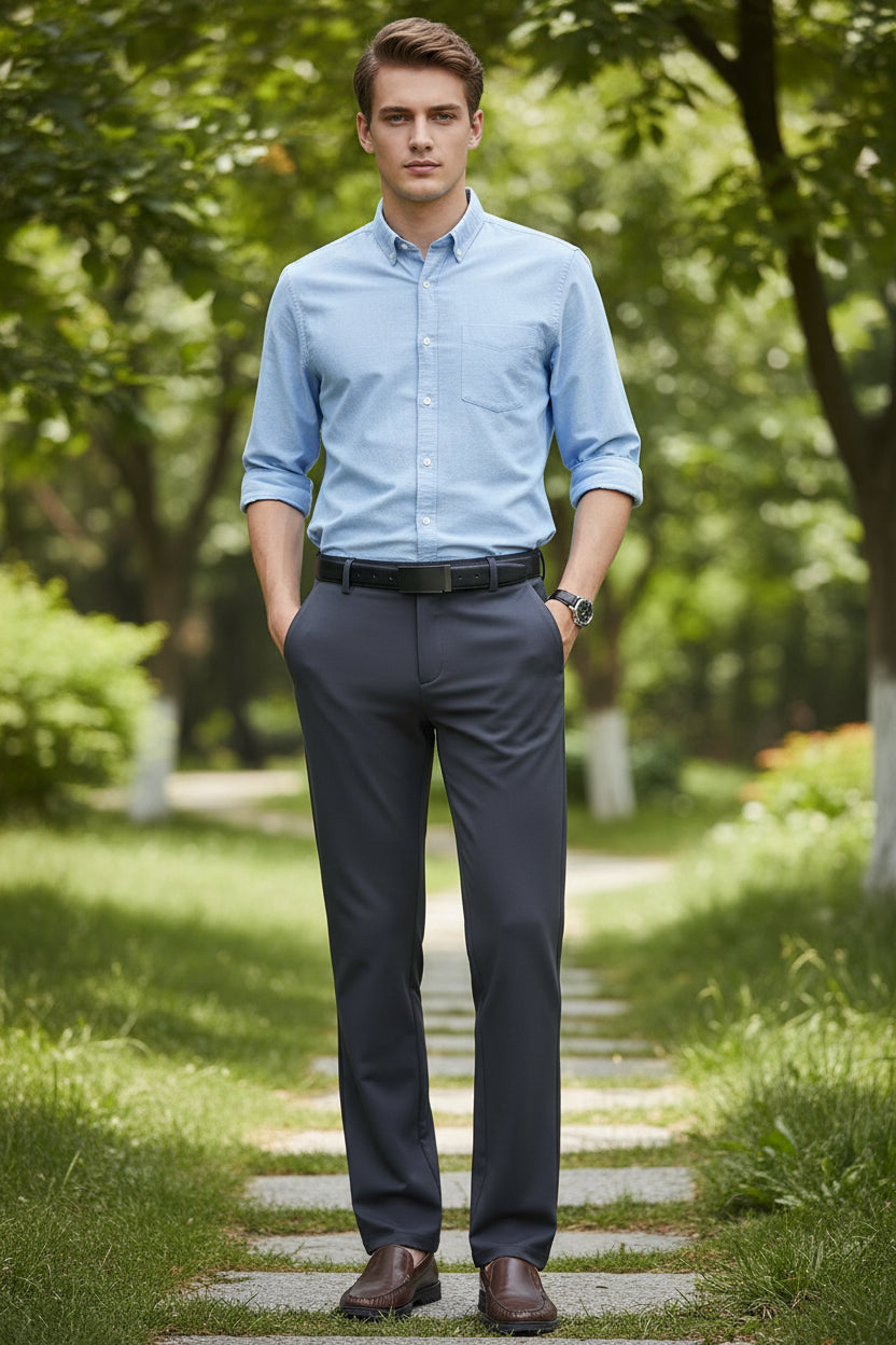 Dark grey pants with a close-up of the fabric texture on a white background