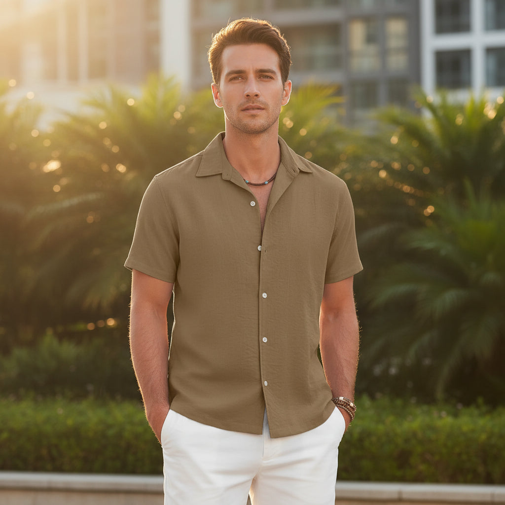 Man wearing a brown short-sleeve shirt outside