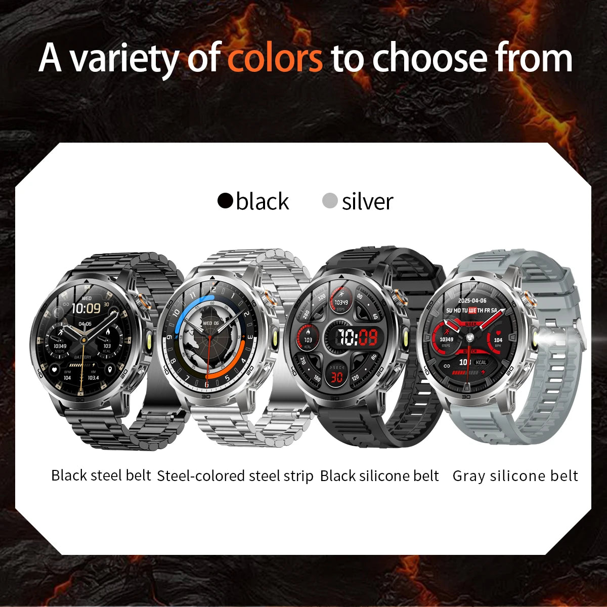 Four smartwatches with different band colors on a fiery background
