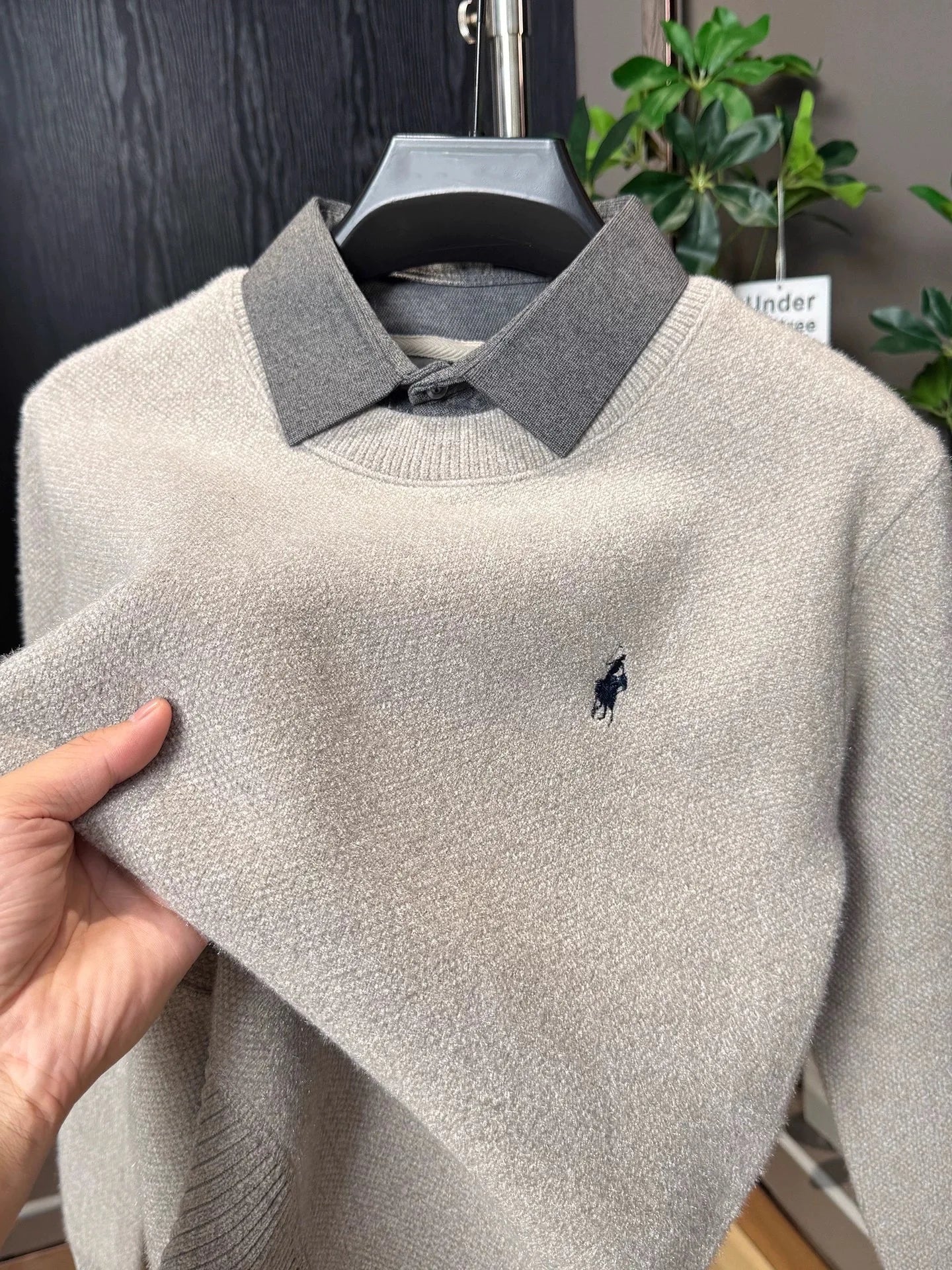 High end trendy pony embroidery men's sweater luxury brand fashion Paul winter velvet warm striped shirt collar knitted pullover