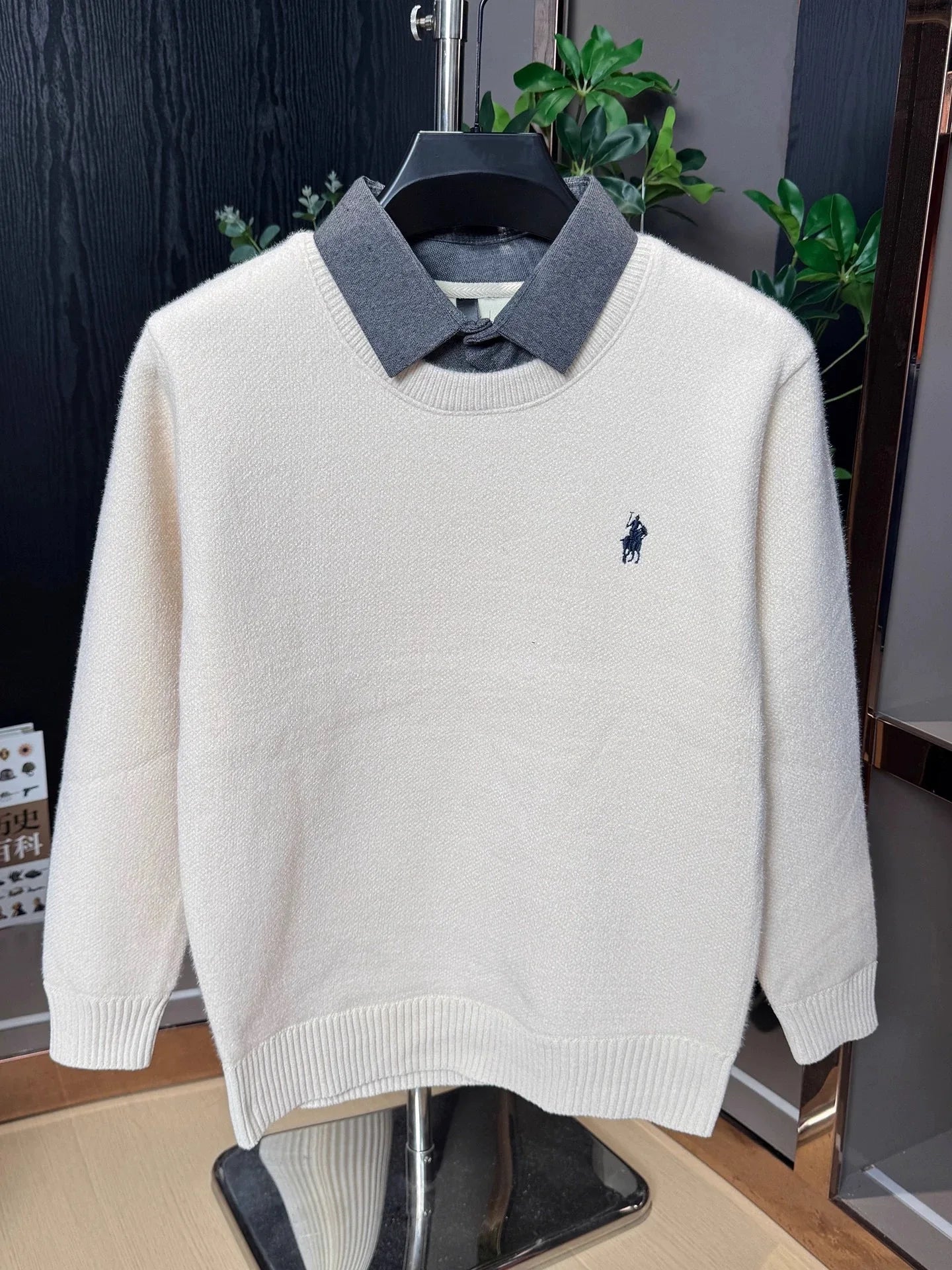 High end trendy pony embroidery men's sweater luxury brand fashion Paul winter velvet warm striped shirt collar knitted pullover