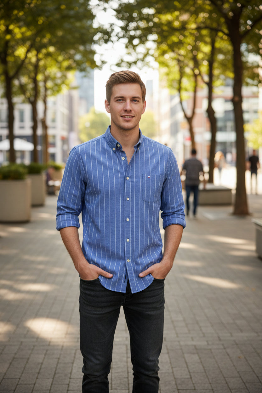 Folded blue striped shirt with brand logo on a white background