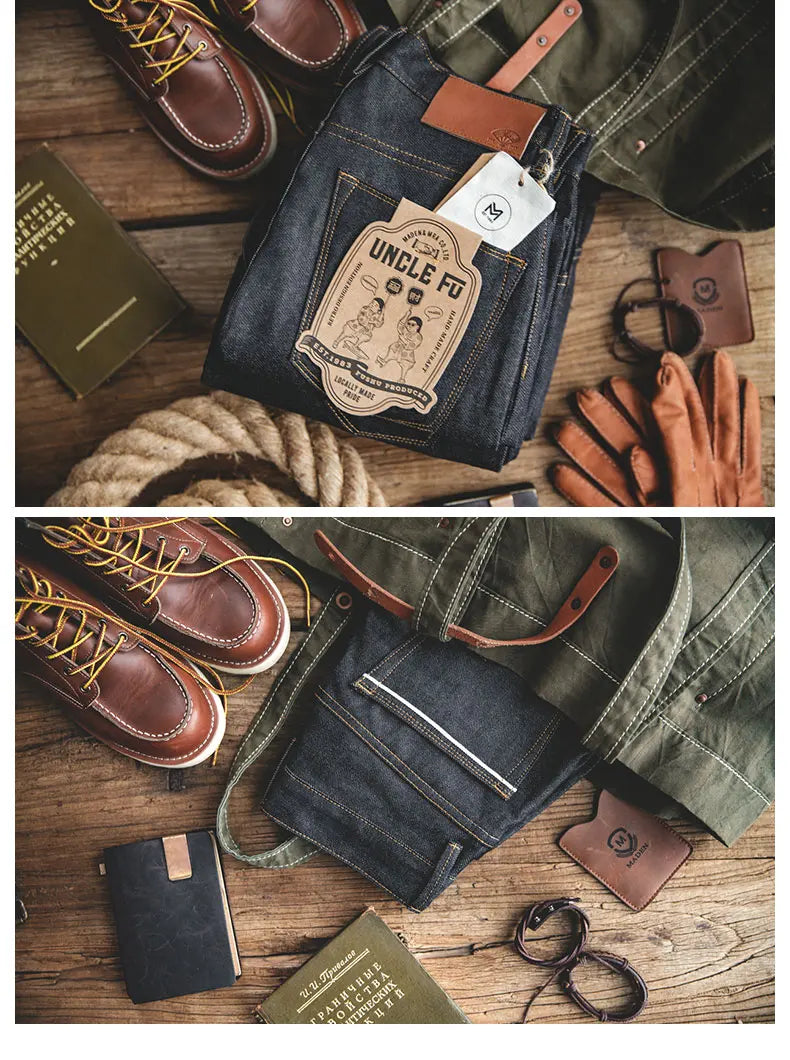 Collage of denim products with 'Uncle Fred' branding on a wooden surface.