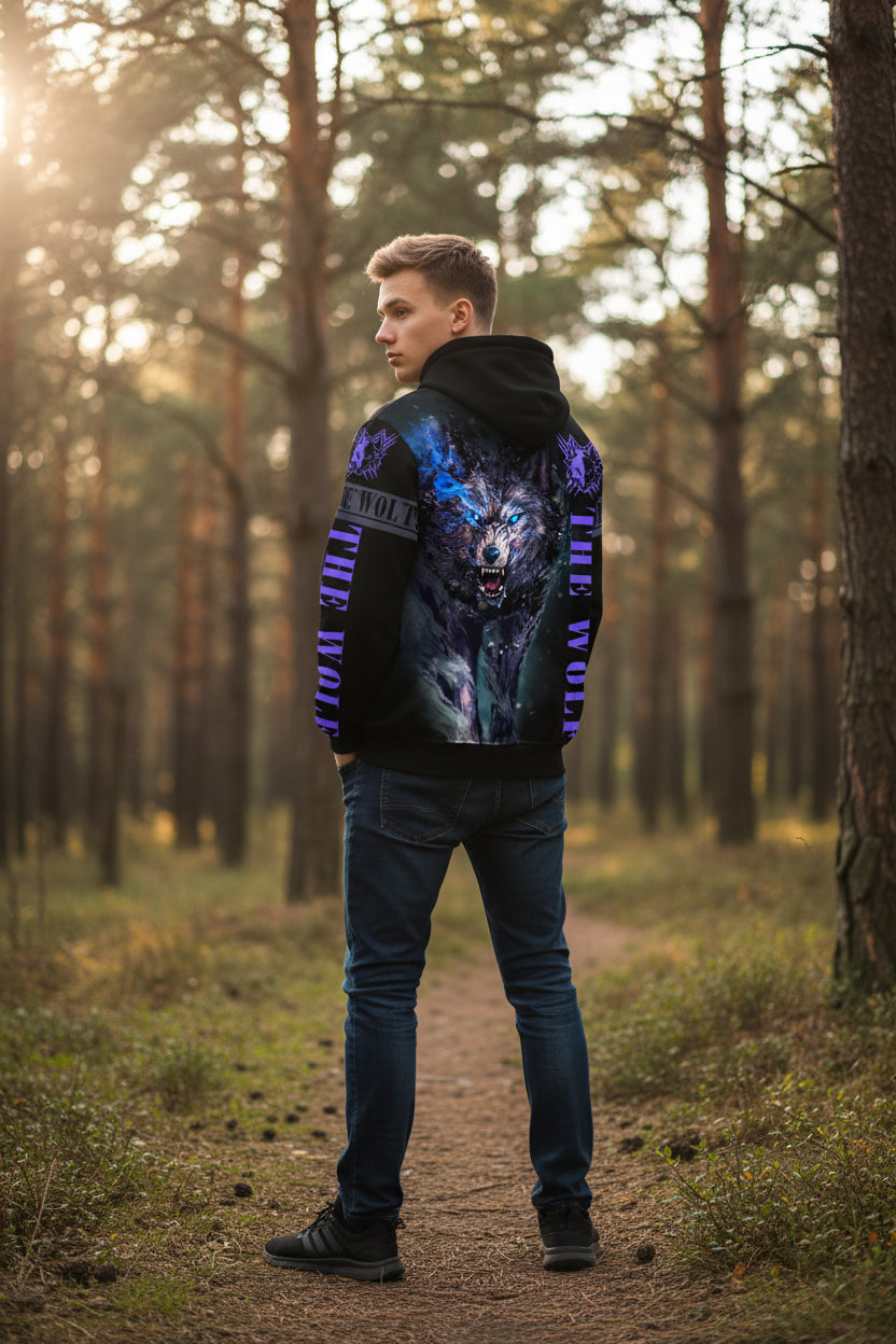 Hoodie with a wolf design and 'The Wolf' text on a white background