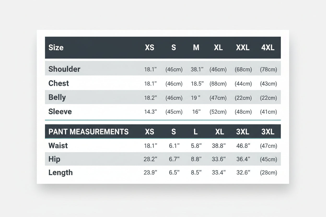 Size chart for coats and pants with measurements in inches and centimeters.