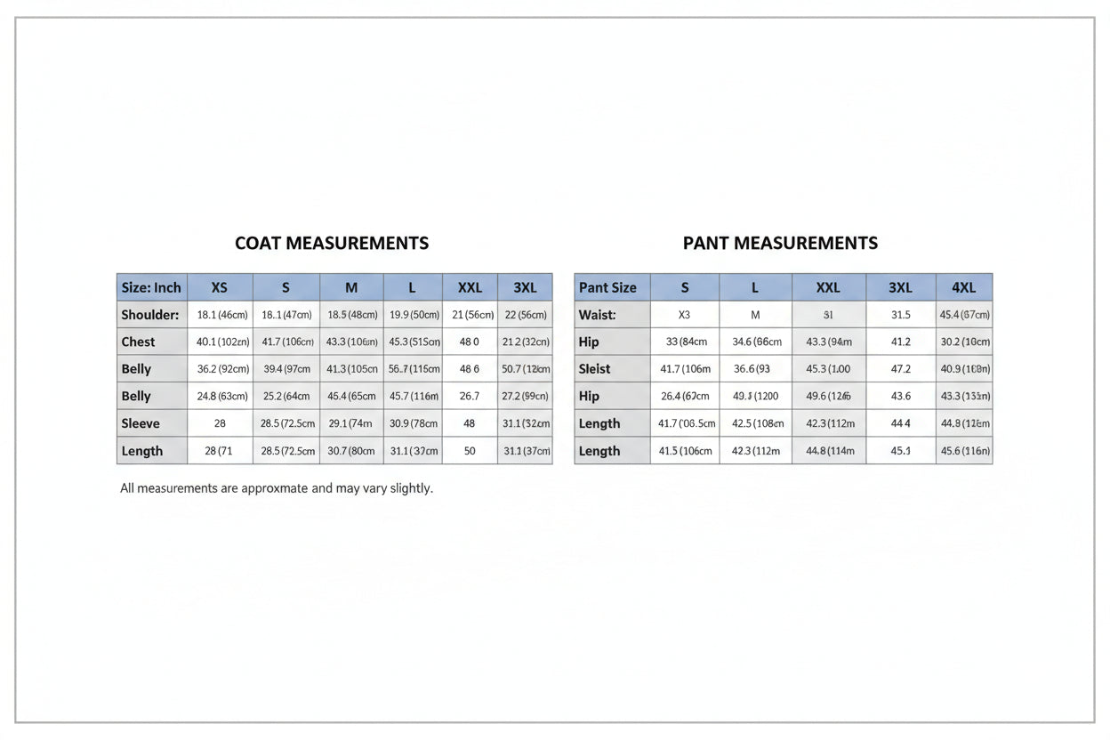 Size chart for coats and pants with measurements in inches and centimeters.