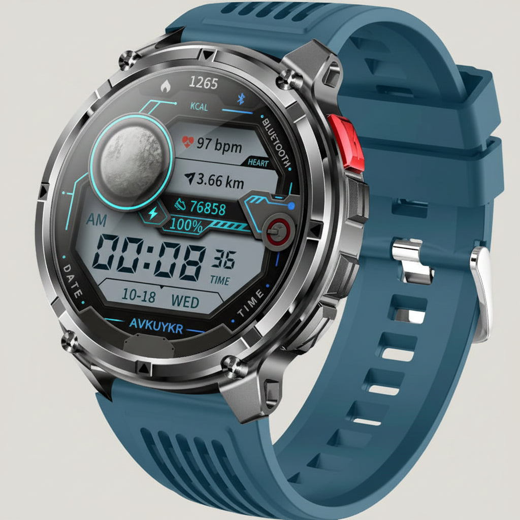 Blue digital smartwatch with features listed on a gray background