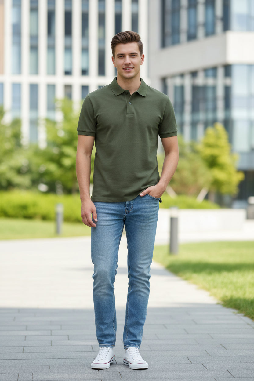 Green polo shirt on a hanger with a hand touching the fabric