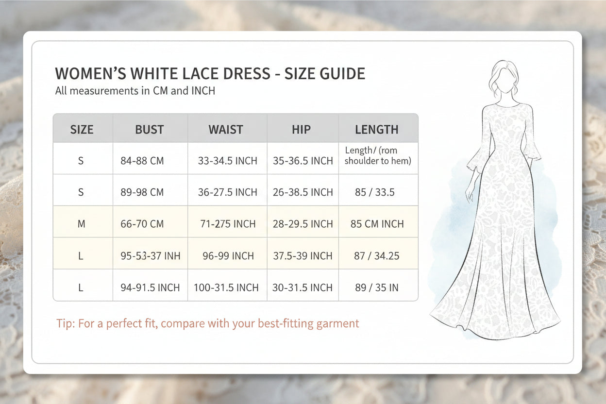Measurement chart for dresses with a woman in a white dress by the sea.