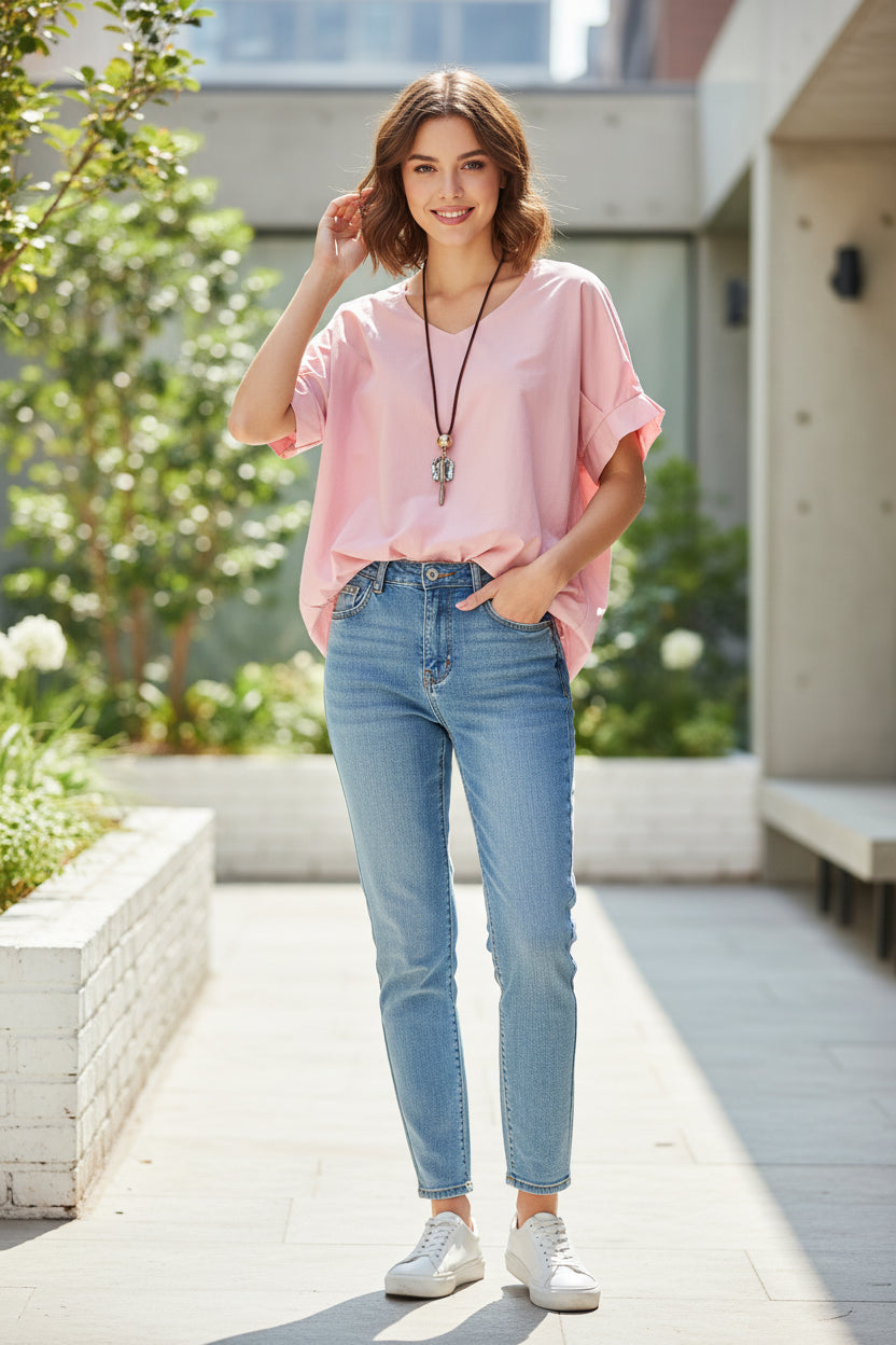 Pink blouse on a hanger with a white background