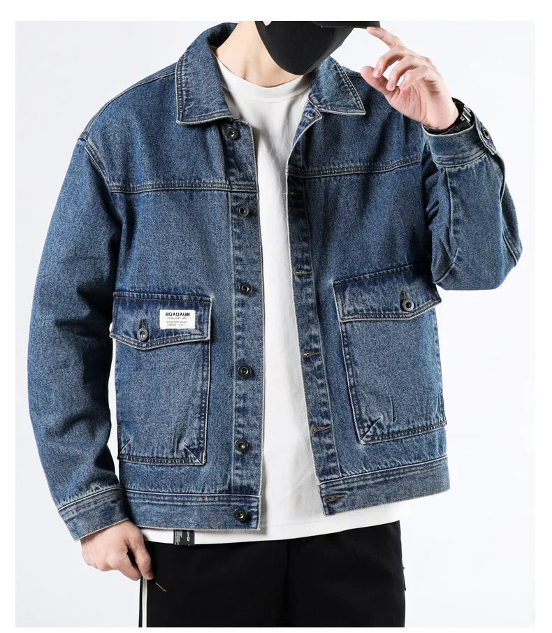 Spring and Autumn 2025 new men's loose and trendy denim jackets, pure cotton men's fashionable workwear jackets size S-4XL