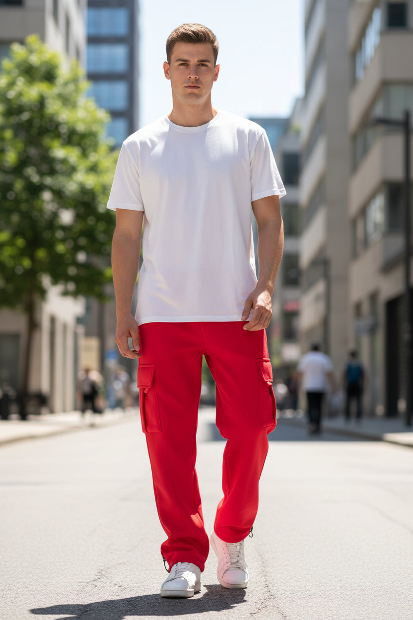 Person wearing red cargo pants and white sneakers on a light gray background