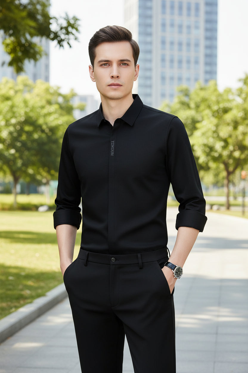 Black dress shirt with rolled-up sleeves on a gray background