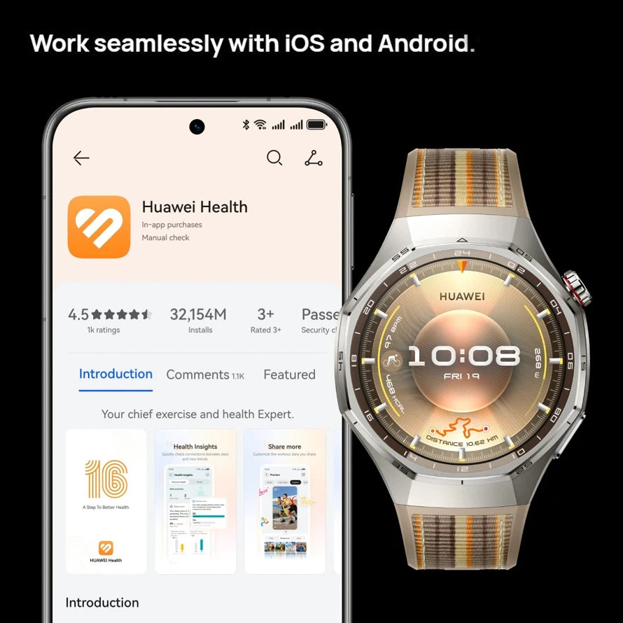 Smartphone displaying Huawei Health app on screen with a Huawei smartwatch next to it.