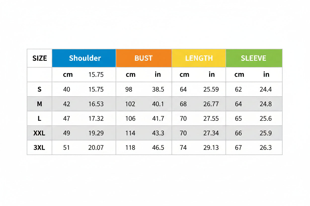 Size chart for clothing with measurements in centimeters and inches.