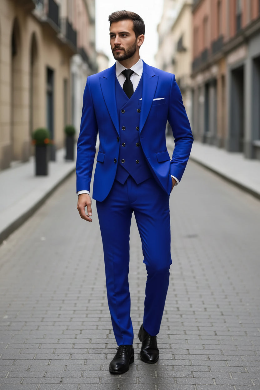Man wearing a blue suit with a white shirt and black tie on a city street.