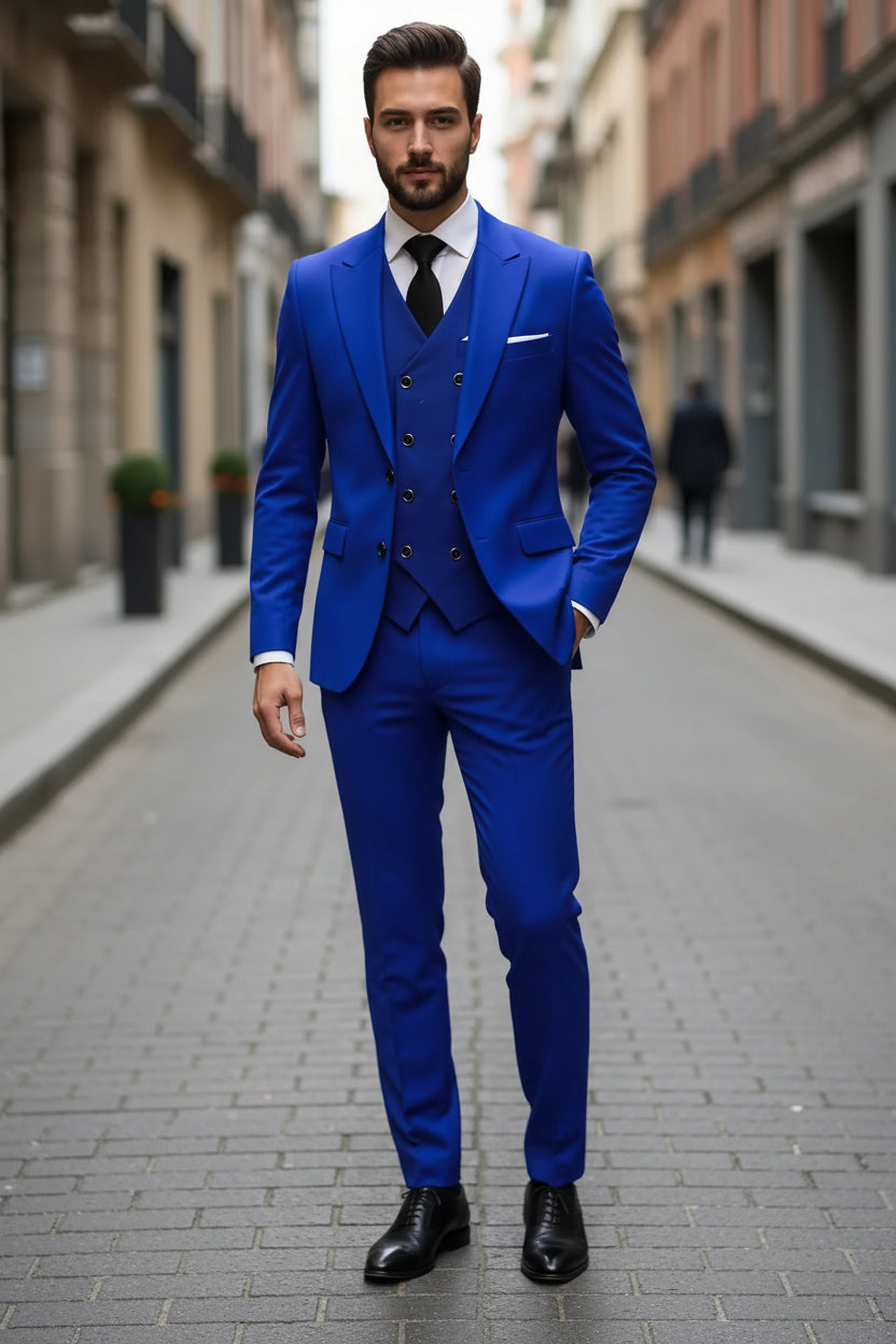 Man wearing a blue suit with a white shirt and black tie on a city street.