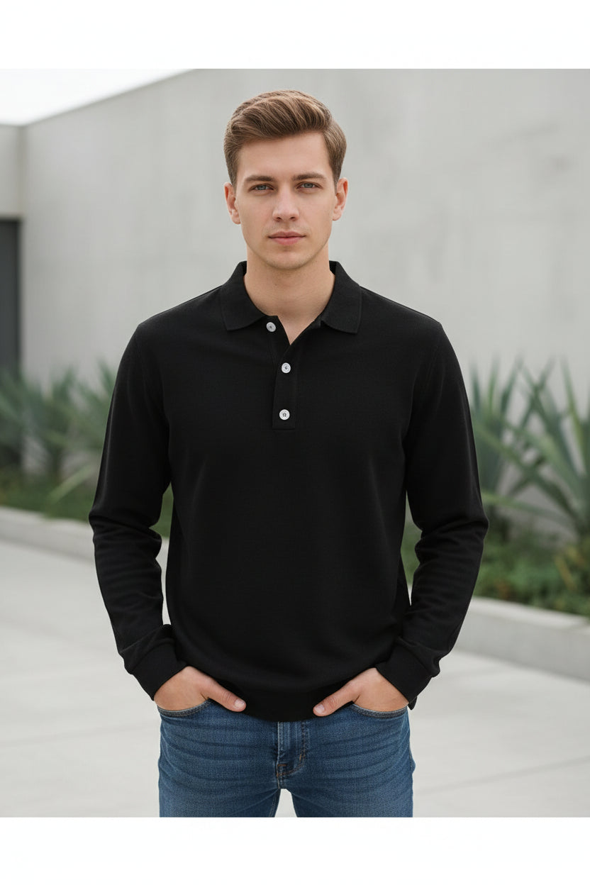 Person wearing a black long-sleeve shirt with a festive background featuring a Christmas tree and red truck.