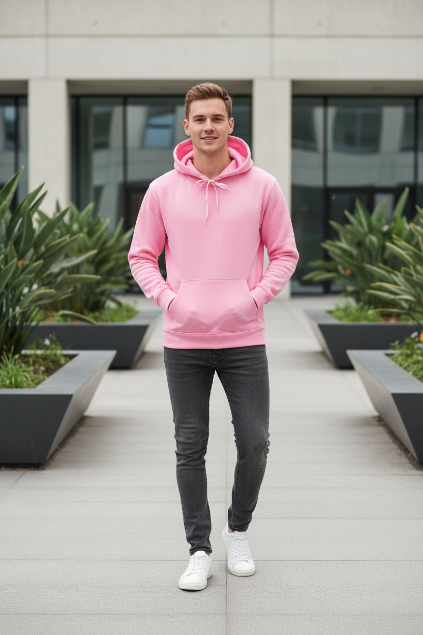 Close-up of a pink hoodie with a white background