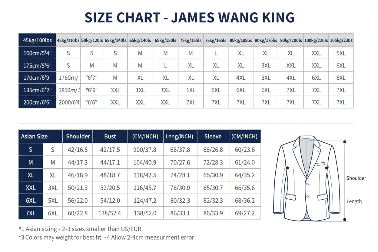 Size chart for men's suits by James Wang King, showing weight, height, and suit size recommendations.