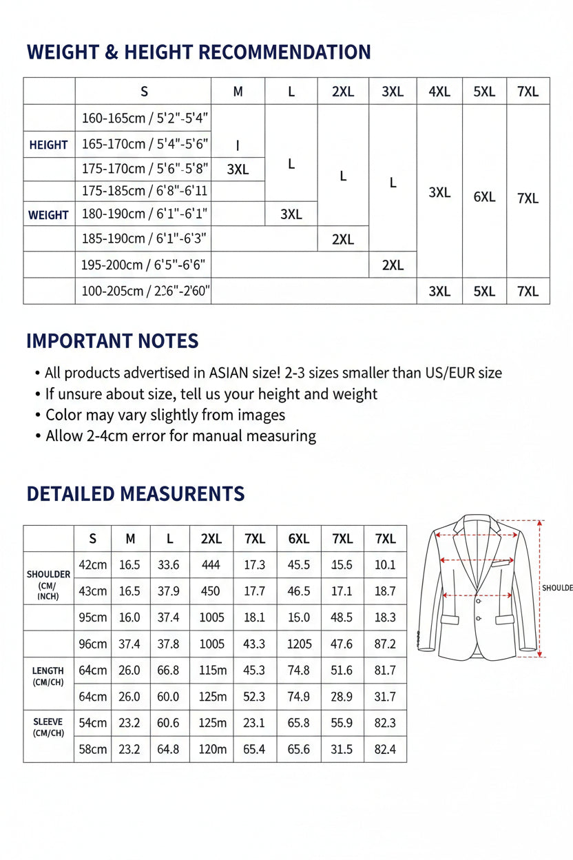 Size chart for men's suits by James Wang King, showing weight, height, and suit size recommendations.