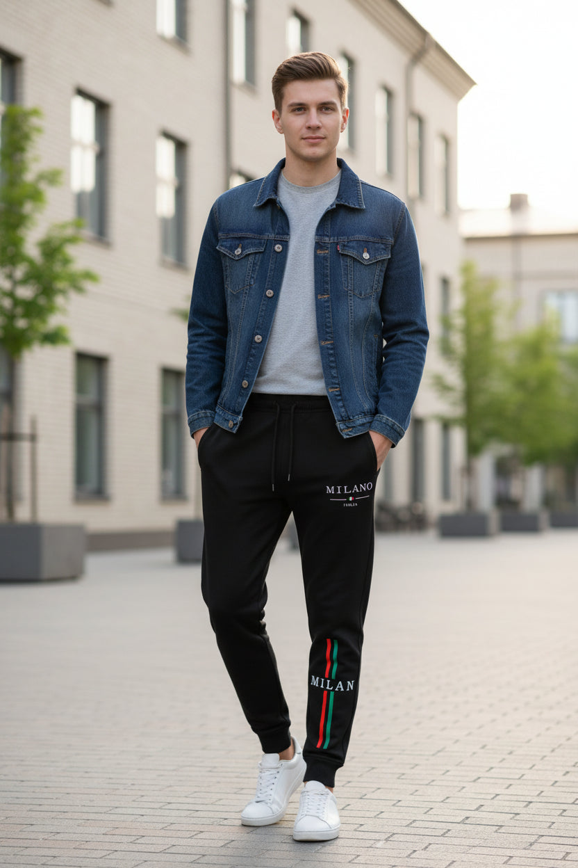 Gray and black sweatpants with 'Milano' and 'Milan' text on a white background