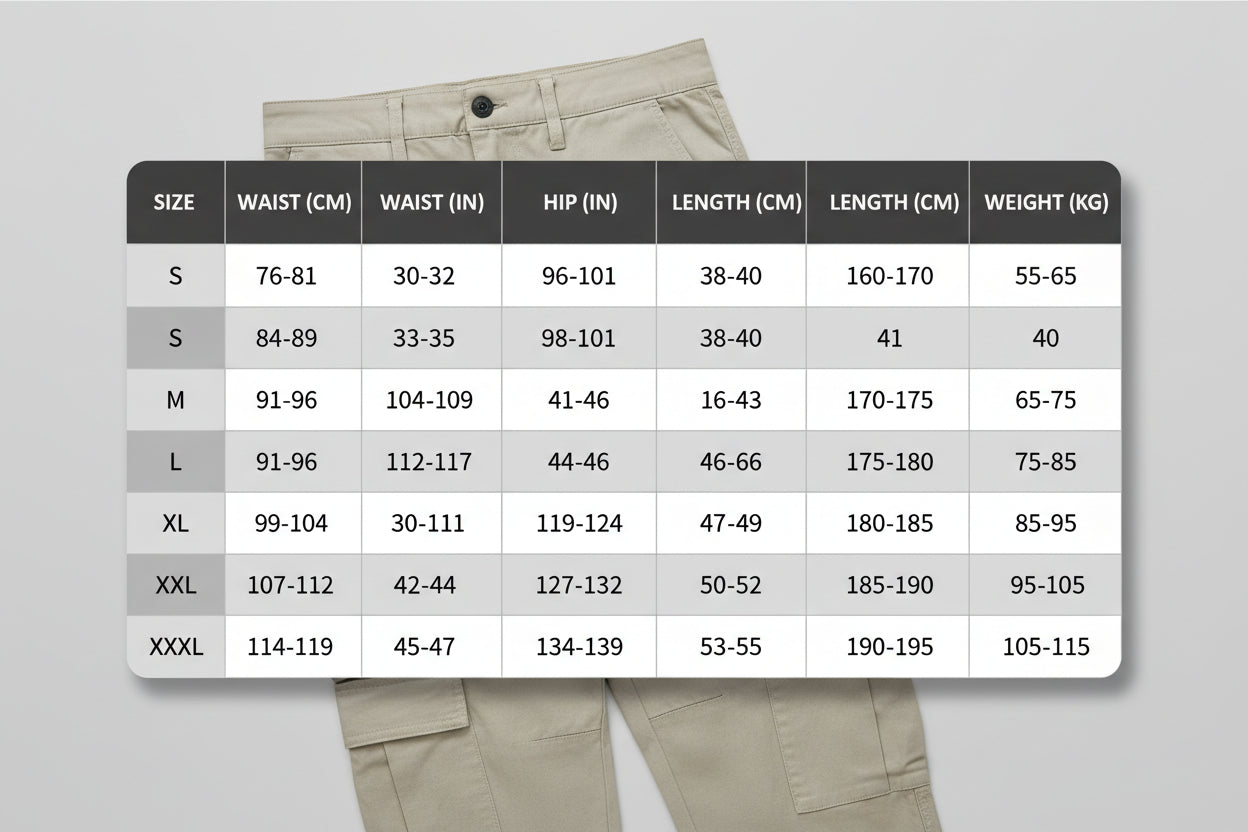 Size chart for pants with a person wearing gray pants and size chart details.