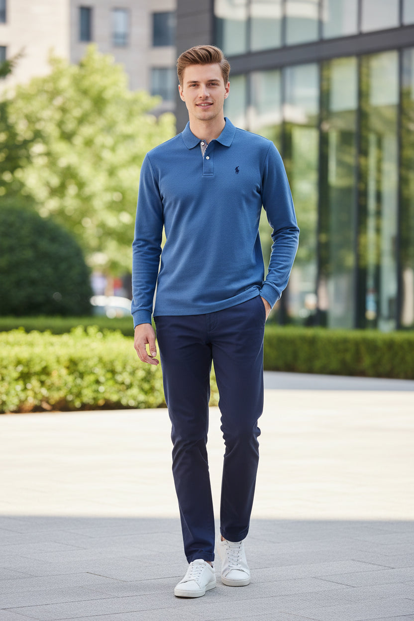 Elevate Your Wardrobe with Our Luxury Cotton Long Sleeve Polo Shirt