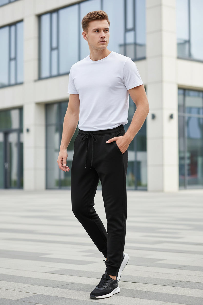 Black sweatpants with drawstring on a white background