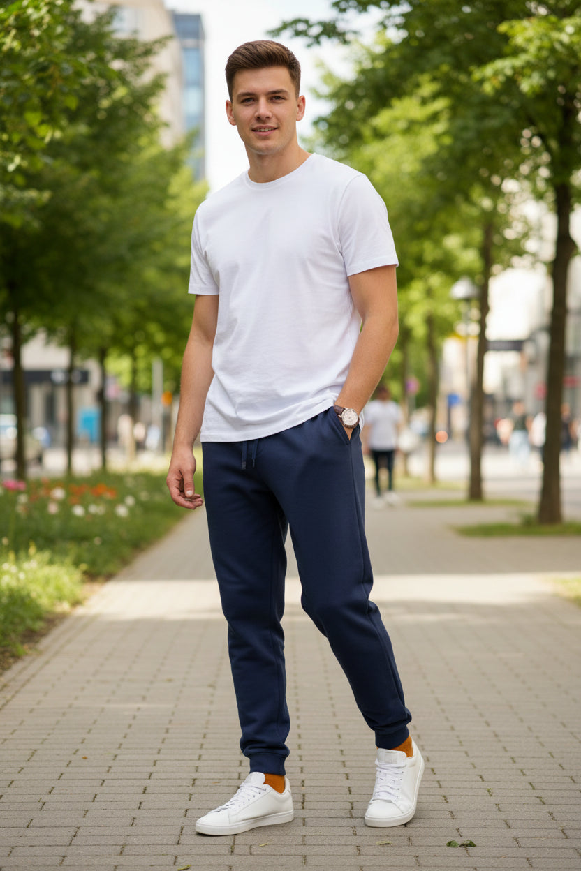 Person wearing navy jogger pants and white sneakers against a plain wall.