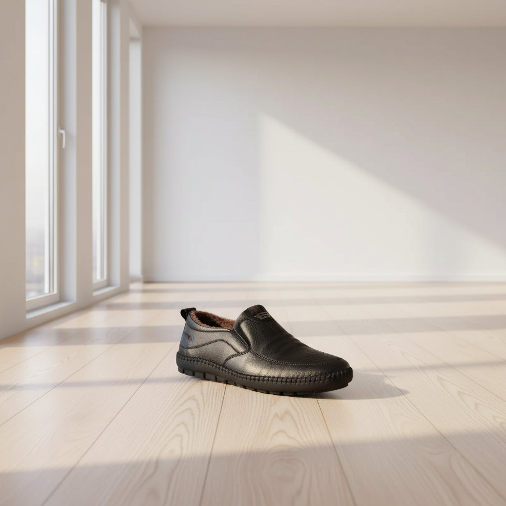 Black leather shoe with fur lining on a gray background