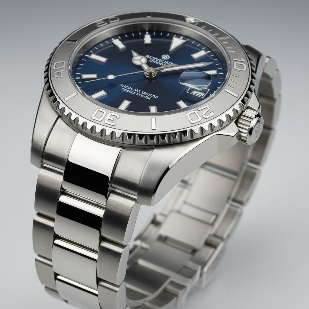 Silver watch with a purple face on a reflective surface