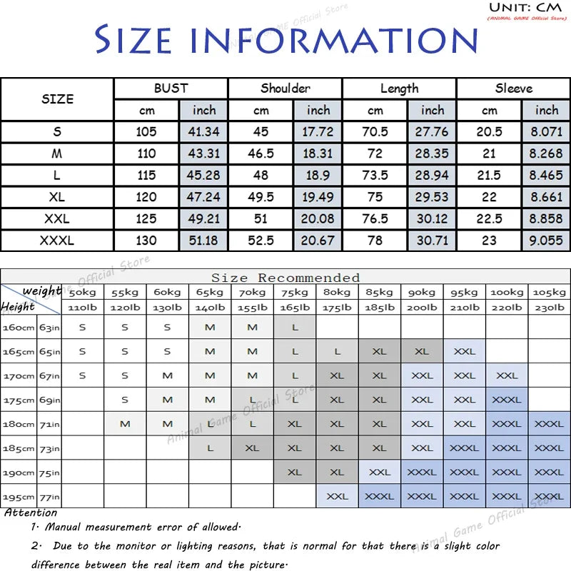 Size information chart for clothing with measurements in centimeters and inches.