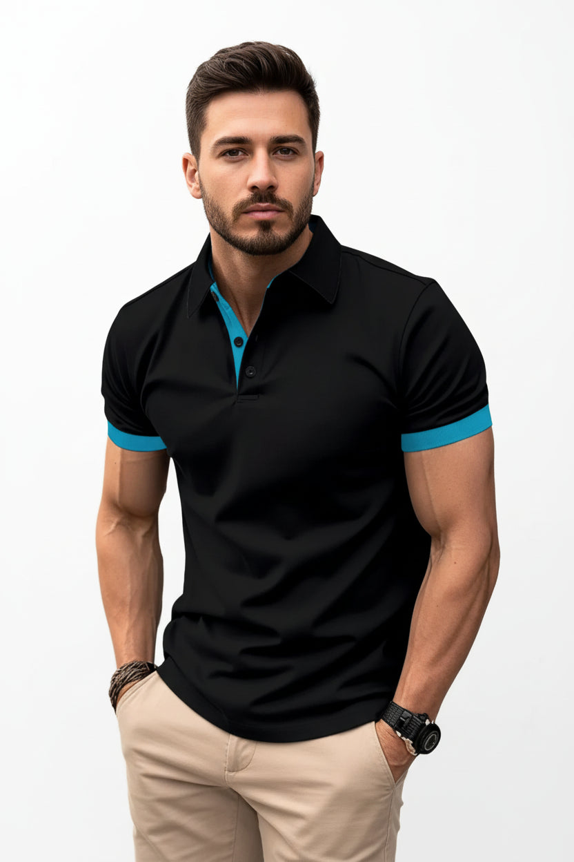 Man wearing a black polo shirt with blue accents on a white background