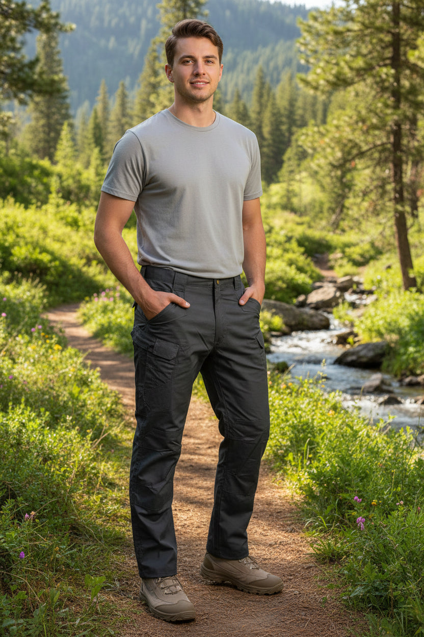 Gray tactical pants with multiple pockets on a white background