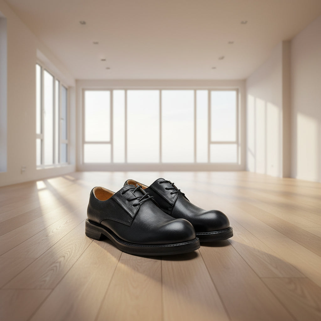 Pair of black leather shoes on a wooden surface with vintage items in the background