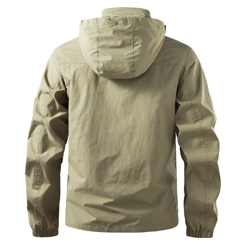 Mens Waterproof Jacket Outdood Hiking Cycling Hooded Windbreaker Multi-Pocket Camping Sportswear Windproof Workwear Coat for Men