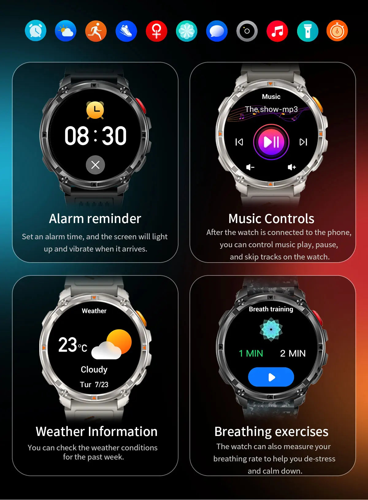 Smartwatch displaying various functions including alarm reminder, music controls, weather information, and breathing exercises.