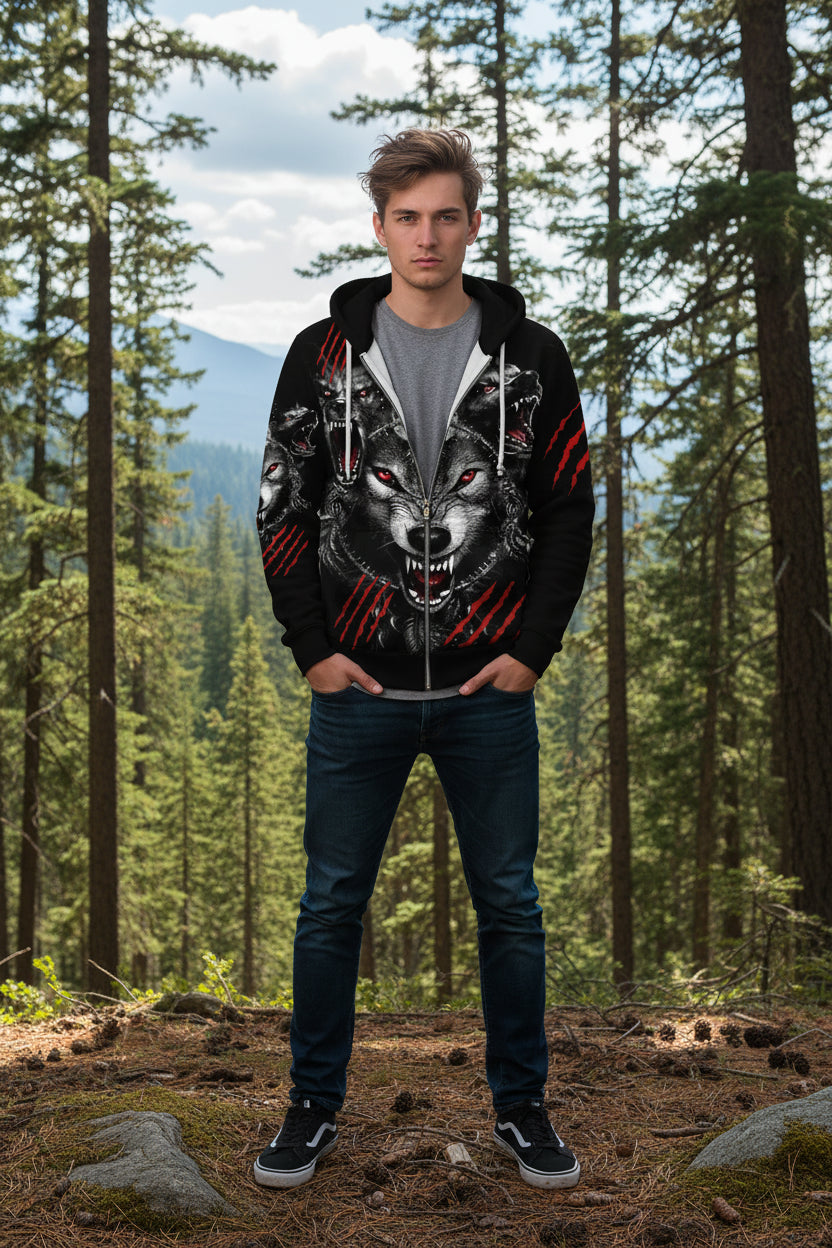 Black hoodie with wolf design and red accents on a white background