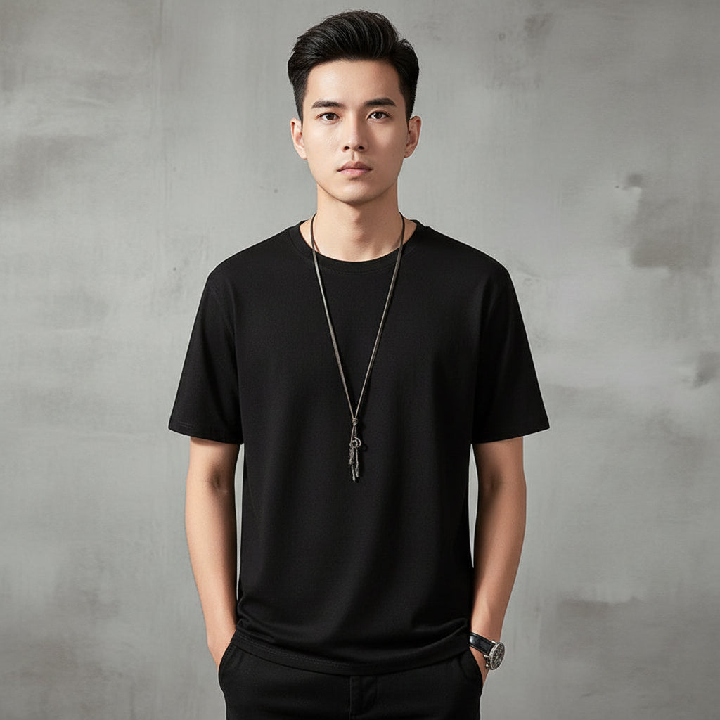 Black t-shirt on a hanger against a textured gray background